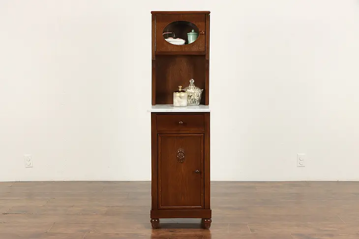 Oak Antique German Nightstand, Bath or Kitchen Cabinet, Marble Top #36381