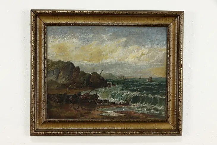 Crashing Waves & Sailboats Original Vintage Oil Painting 28" #36479