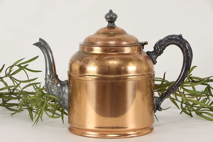 Copper Tea Kettle, Pewter & Brass Mounts,  Antique  Rochester  #36614