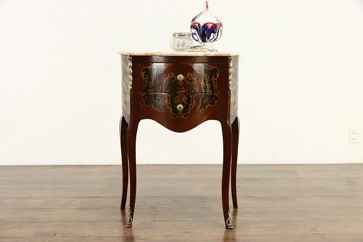 Marquetry Vintage Marble Top Chest, End Table or Nightstand #35460