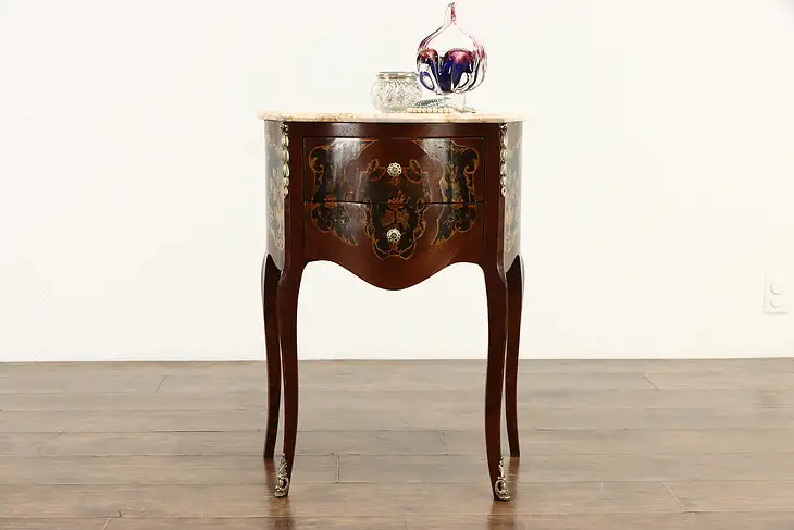 Marquetry Vintage Marble Top Chest, End Table or Nightstand #35460