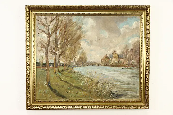 River, Town, Bridge Original Antique Oil Painting after Alfred Sisley 37" #35830
