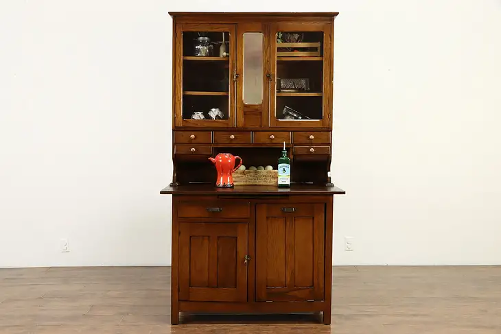 Oak Antique Farmhouse Kitchen Pantry Baker's Cupboard, Signed Indiana #36401