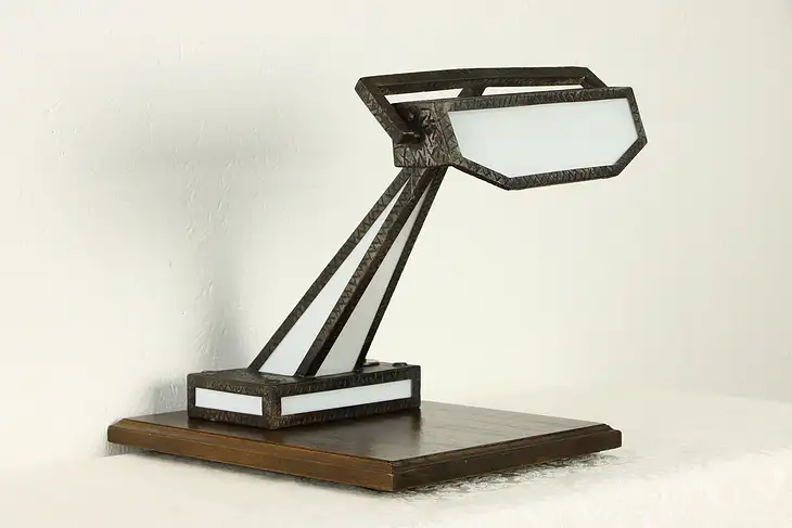 Craftsman to Art Deco Antique Wrought Iron & Stained Glass Desk Lamp #36712