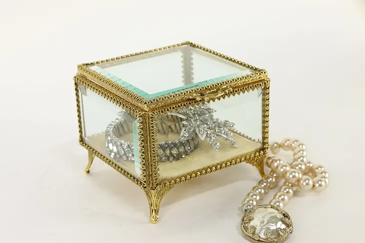 Gold Plated Filigree Vintage Jewelry Box, Beveled Glass & Velvet  #36761