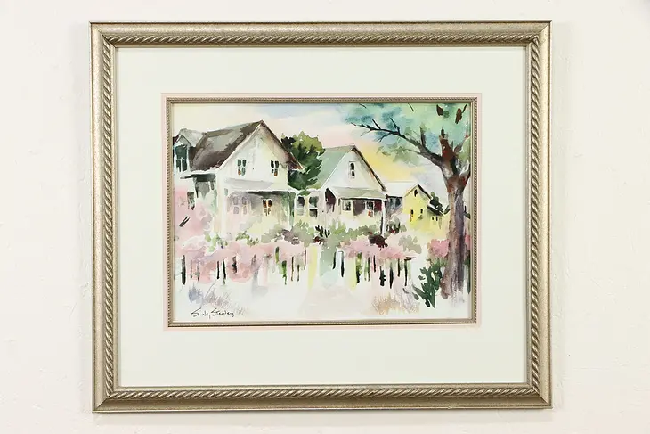 Flowering Trees & Houses Original Vintage Watercolor Painting Stanley 24" #36897