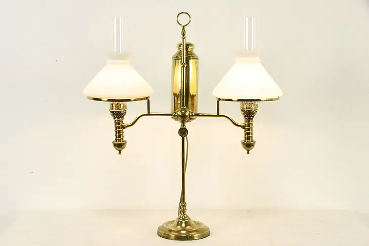 Victorian Antique Brass Double Electrified Student Desk Lamp, Manhattan #34983