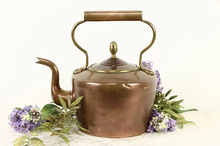 English Large Solid Copper Antique Tea Kettle, Brass Mounts #34994