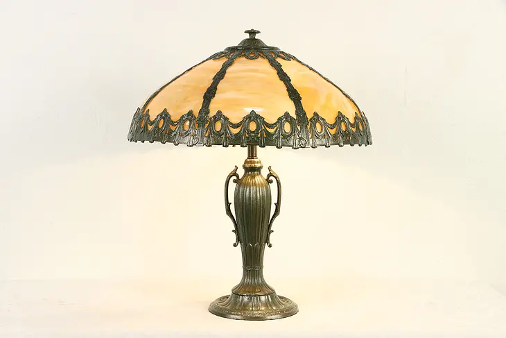 Stained Glass Curved Panel Shade Antique Table Lamp, Rainaud #36296