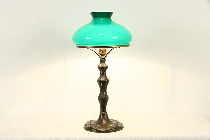 Art Nouveau Antique Desk Lamp, Emerald Green Cased Glass Shade #37083