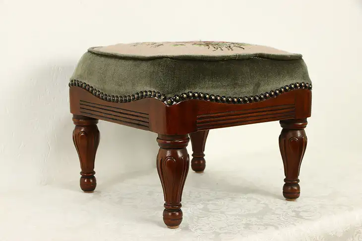 Carved Mahogany Vintage Needlepoint Petit Point Footstool, Maitland-Smith #37089