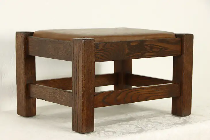 Mission Oak Arts & Crafts Antique Craftsman Leather Footstool #37092