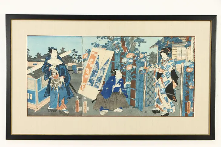 Garden Scene Antique Japanese Woodblock Triple Print Utagawa 35" #36704