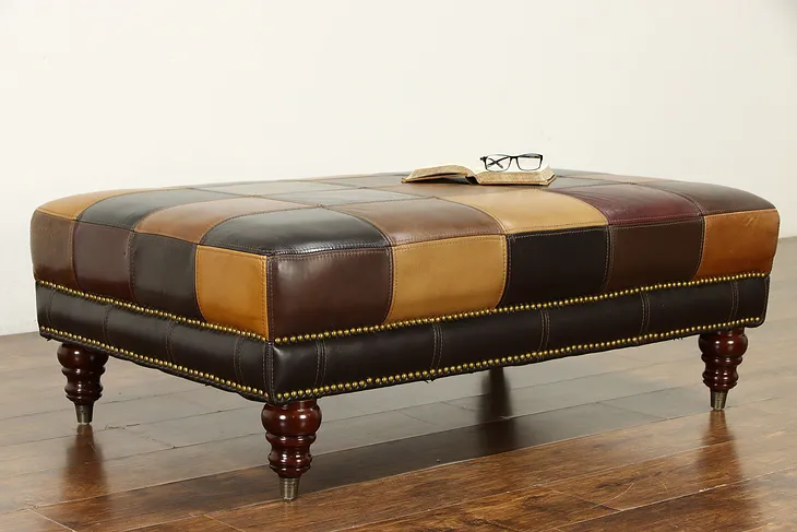 Patchwork Leather Ottoman, Bench or Stool, Mahogany & Brass Feet 2018  #36938