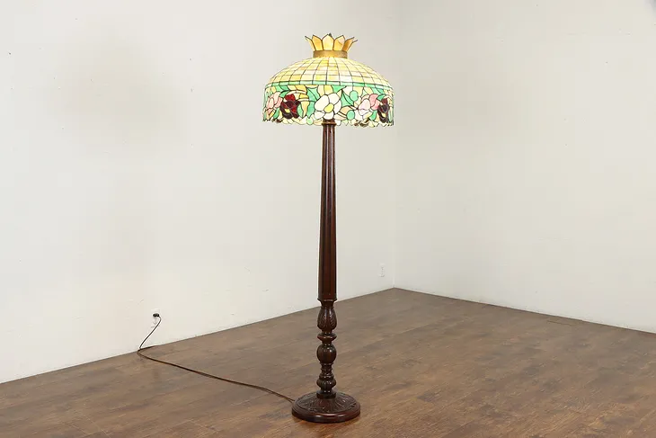 Carved Mahogany Antique Floor Lamp Leaded Stained Glass Shade #36961