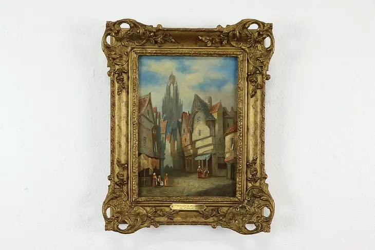 Street in Bruges Antique Original Oil Painting, Henry Foley 20" #36796