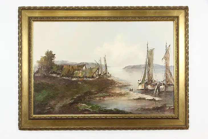 Fishing Village & Boats Vintage Original Oil Painting, Spier 43 1/2" #36797