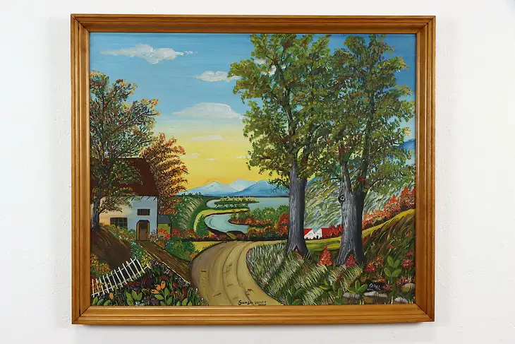 Sunset Valley Original Vintage Oil Painting, signed Opal 32 1/2" #37045