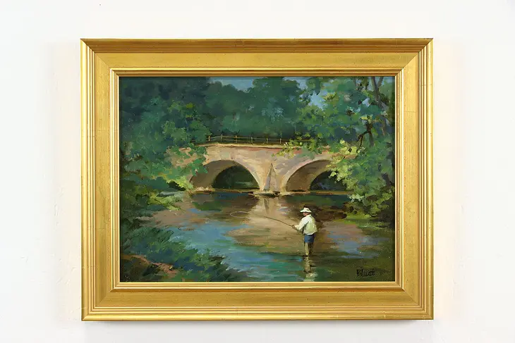 Fishing in the Breeches Boiling Springs Original Oil Painting E Blust 20" #37205
