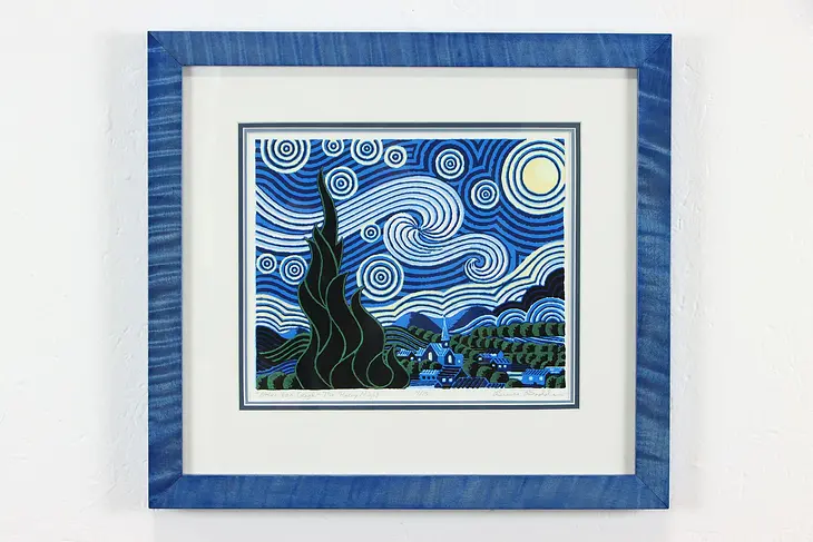 Serigraph After Van Gogh Starry Night, Custom Frame Bruce Bodden 17" #37251