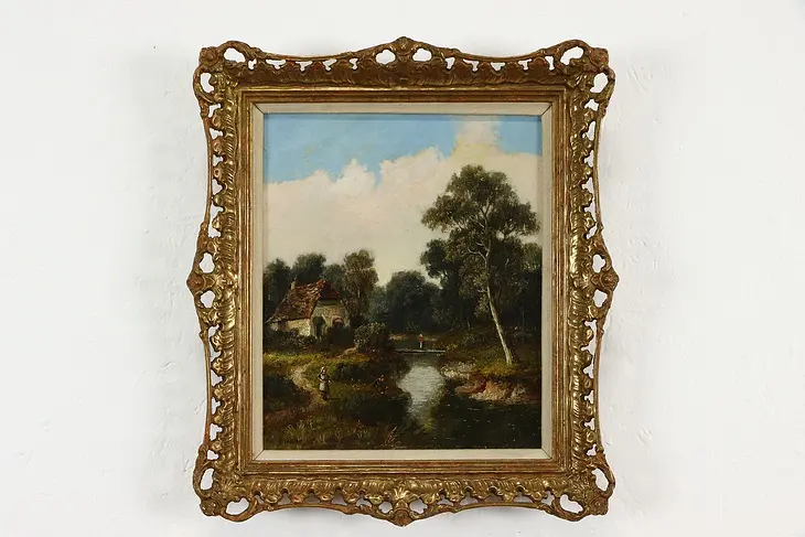 Victorian Farm & Stream Antique English Original Oil Painting Battler 16" #37277