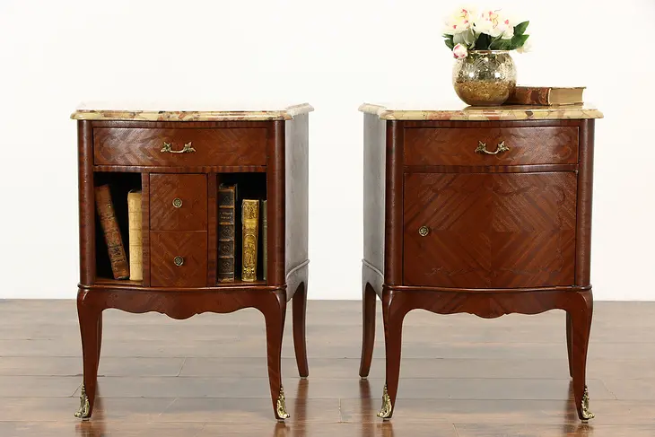 Pair of Vintage Marquetry Nightstands, Chests, End Tables, Marble Tops #37349