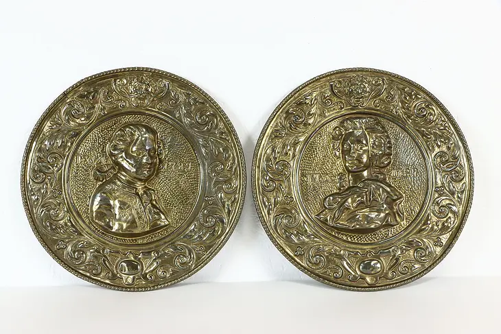 Pair of French Brass Plaques, King Louis XVI & Marie Antoinette, 13.5" #37382