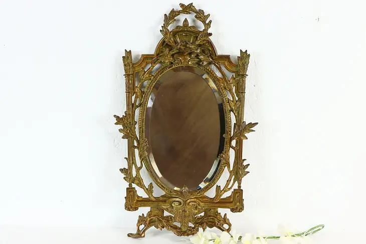 Victorian Antique Bronzed Mirror, Oval Beveled Glass #37383