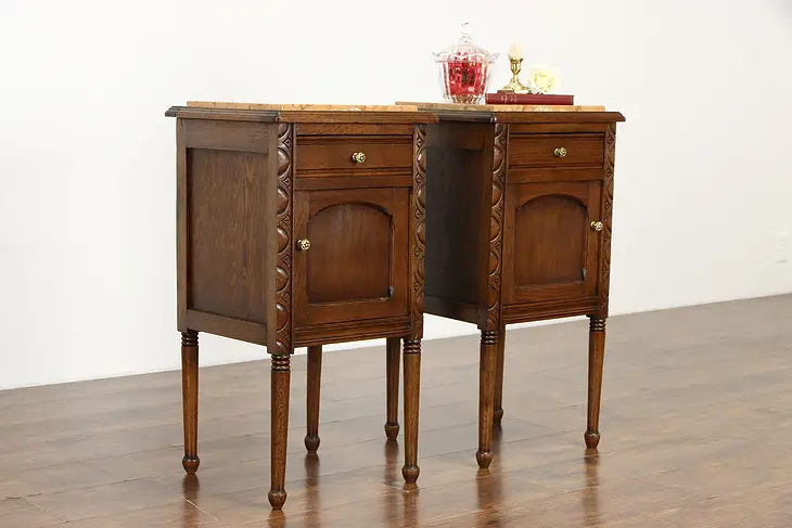 Pair of Antique French Oak Marble Top Nightstands or End Tables #37396