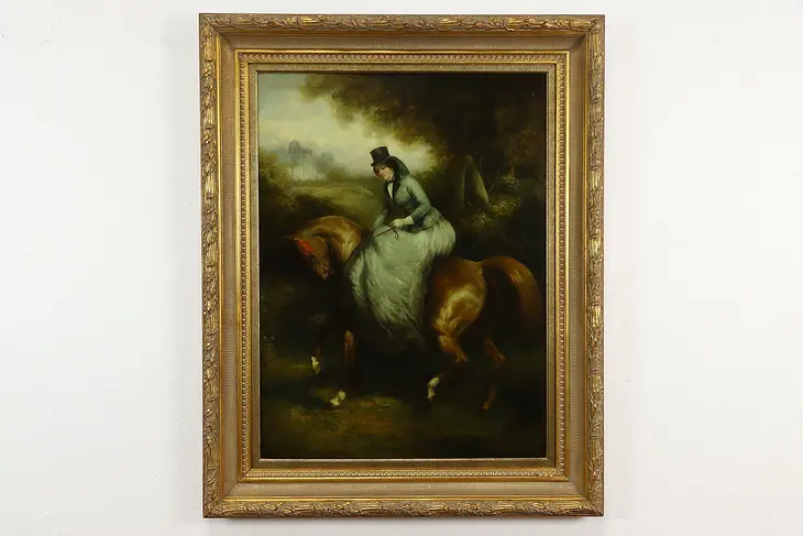 English Lady on Horseback Vintage Original Oil Painting, Denton 51" #36190