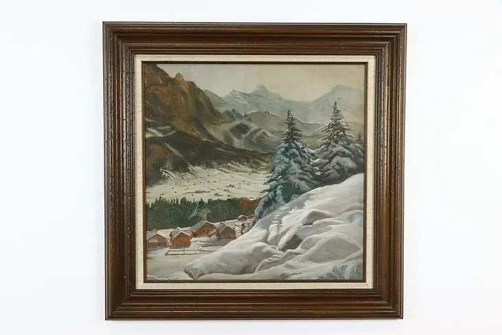 Winter Village in the Swiss Alps Original Oil Painting 31 1/2" 1919 EU #36800