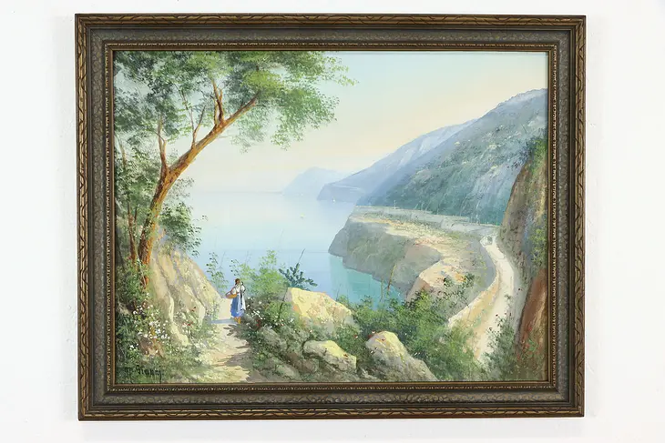 Isle of Capri Italian Shoreline Original Oil Painting, M. Gianni, 28.5" #37278