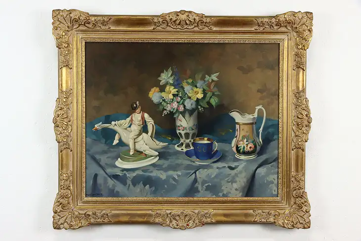 Still Life with Flowers & Porcelain Original Antique Oil Painting 39" #37384