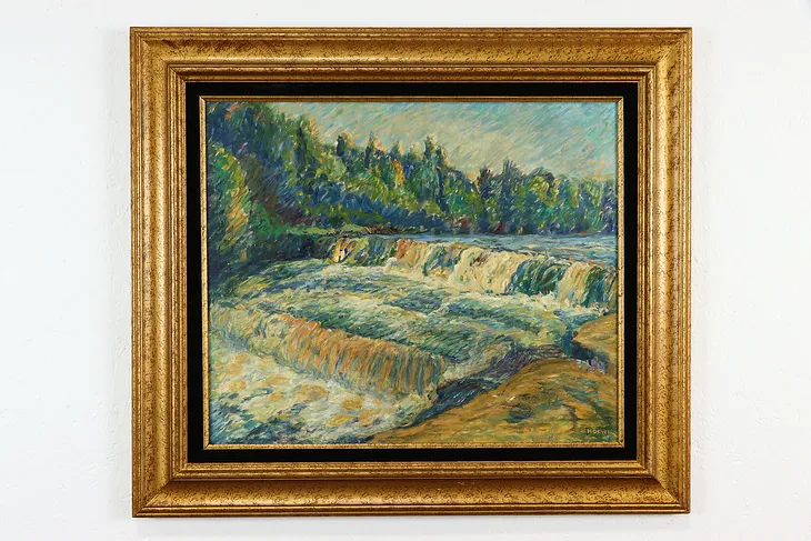 The Falls Original Vintage Oil Painting, Ruth Hoevel 32" #37390