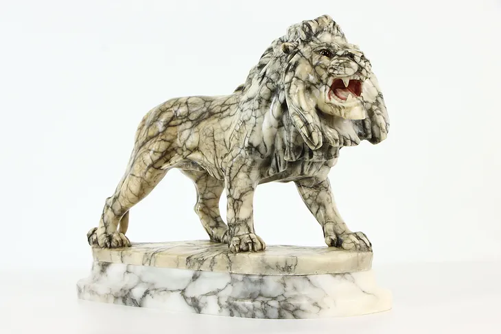 Marble Antique Italian Carved Lion Sculpture & Marble Base #37415