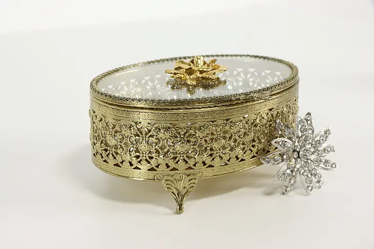 Gold Plated Filigree Vintage Jewelry Box, Glass & Velvet #37523