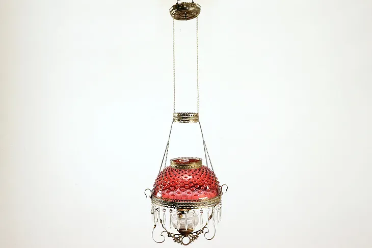 Victorian Antique Brass Cranberry Shade Hanging Lamp, Oil or Kerosene #37663
