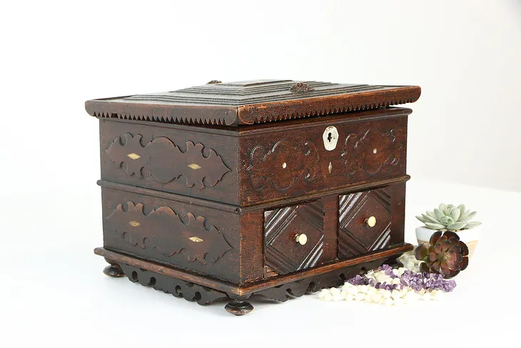 Tramp or Folk Art Box Antique Carved Farmhouse Jewelry Chest #34880