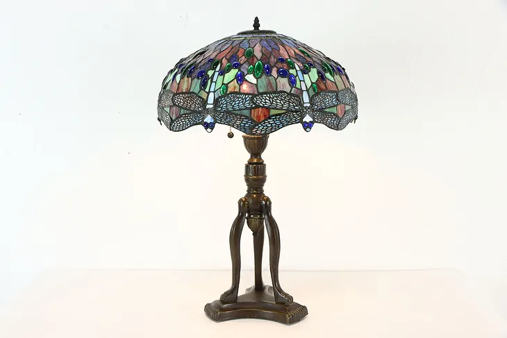 Tiffany Design Stained Glass Dragonfly Vintage Bronze Lamp #35906