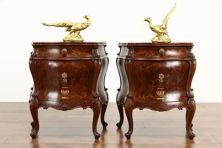Pair of Bombe & Marquetry Antique Italian Chests, Nightstands, End Tables #36321