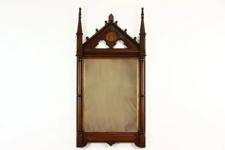 Victorian Gothic Antique Carved Walnut 66" Tall Wall Mirror #37672