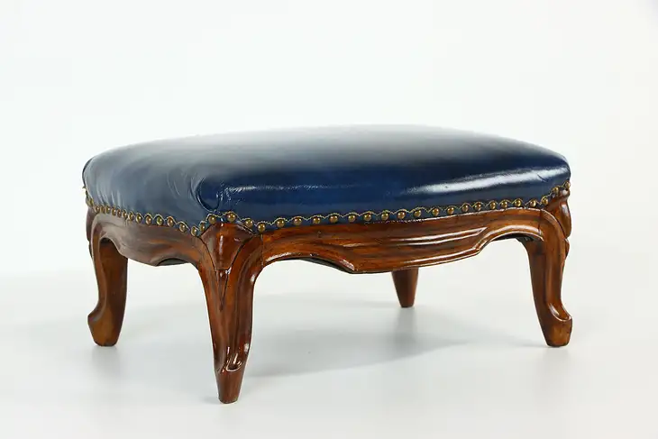 Leather Vintage Carved Mahogany Foot Stool, Brass Nailhead Trim #37962