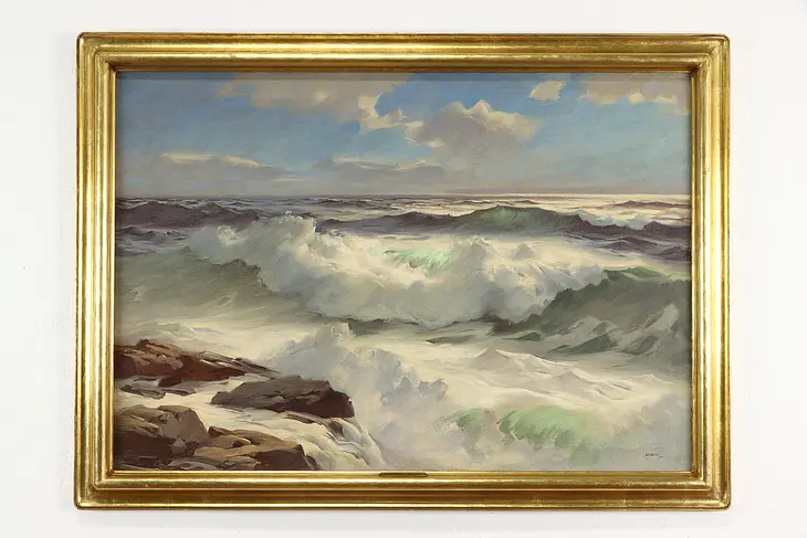 Crashing Waves Vintage Original Oil Painting, 1944 Alphonse Shelton 41" #37574