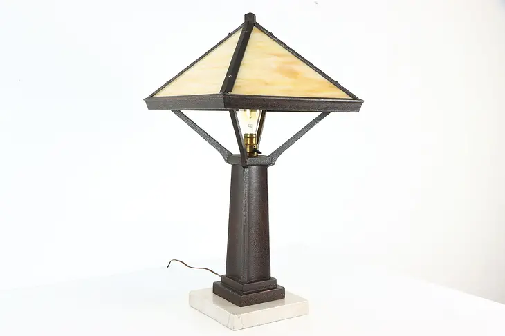 Arts & Crafts Mission Oak & Marble Antique Craftsman Stained Glass Lamp #37760