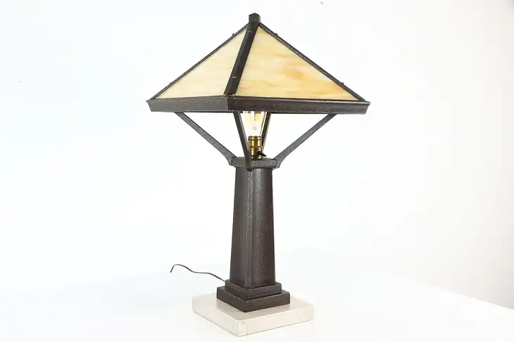 Arts & Crafts Mission Oak & Marble Antique Craftsman Stained Glass Lamp #37760