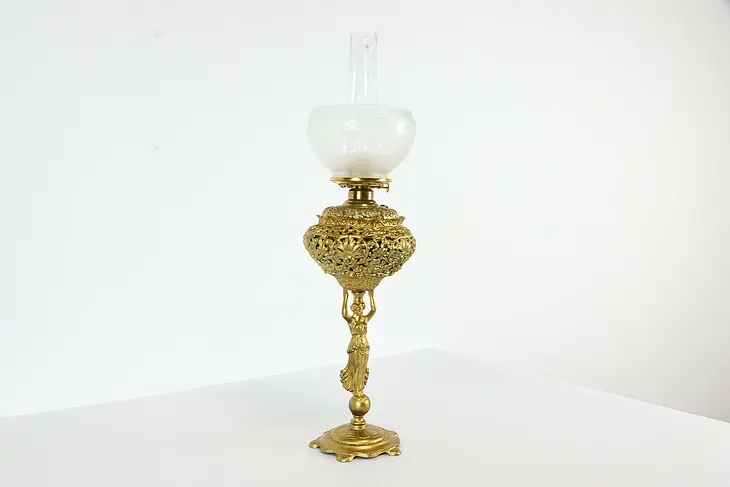 Victorian Antique Oil Lamp, Figural Base, Etched Shade #37986