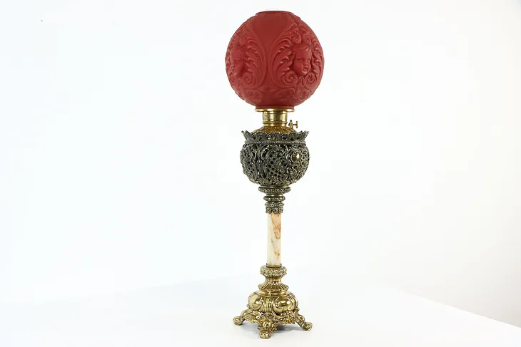 Victorian Antique Oil Lamp, Onyx Column, Red Glass Shade with Faces #37987