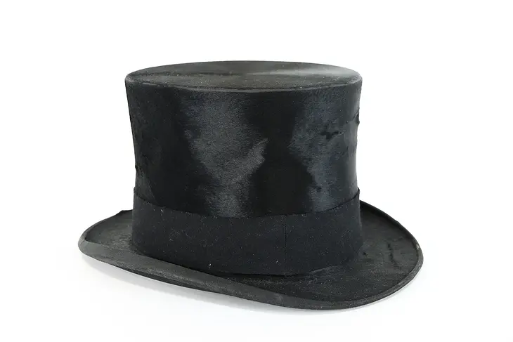 Black Silk Antique Top Hat, Signed Barlesoni for Knox NY, Size 7 1/8 #38017