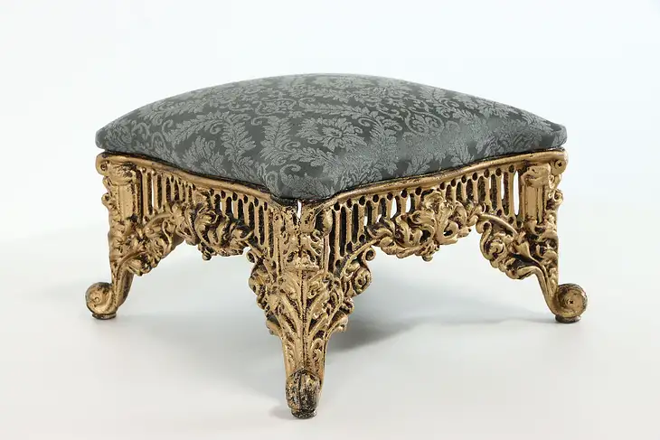 Victorian Design Vintage Cast Iron Filigree Foot Stool, New Upholstery #38190