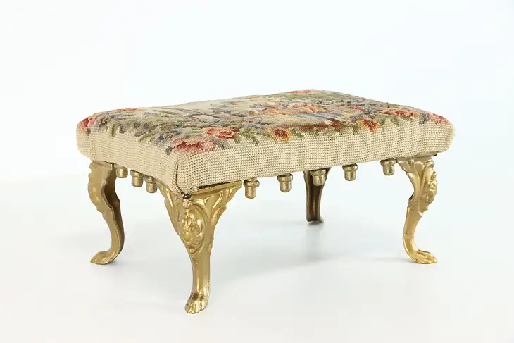 Victorian Antique Needlepoint & Petit Point Footstool, Iron Legs #37741